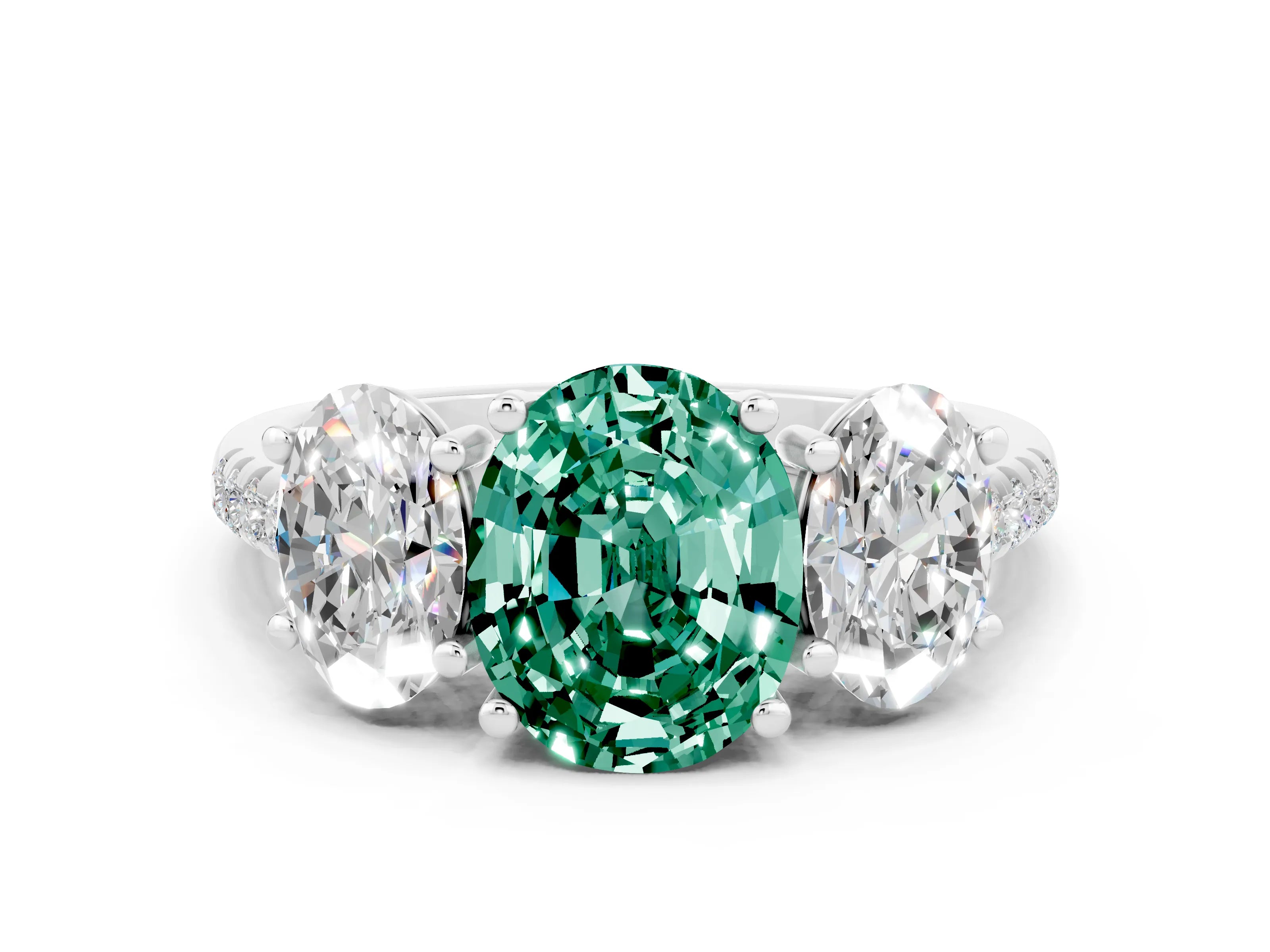 White gold Three-Stone Oval Cut Green Sapphire Ring with Pavé Band and Prong Setting_12