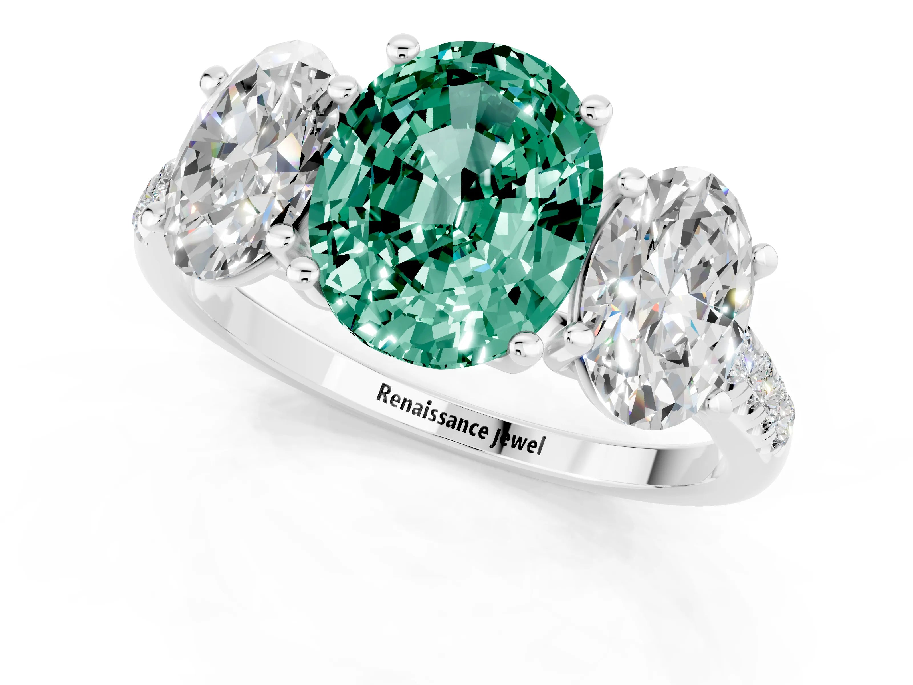 White gold Three-Stone Oval Cut Green Sapphire Ring with Pavé Band and Prong Setting_13