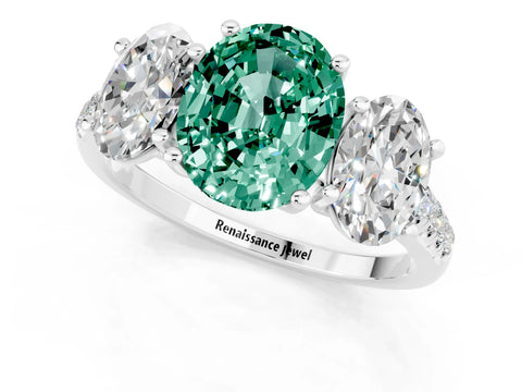 White gold Three-Stone Oval Cut Green Sapphire Ring with Pavé Band and Prong Setting_13