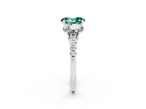White gold Three-Stone Oval Cut Green Sapphire Ring with Pavé Band and Prong Setting_14