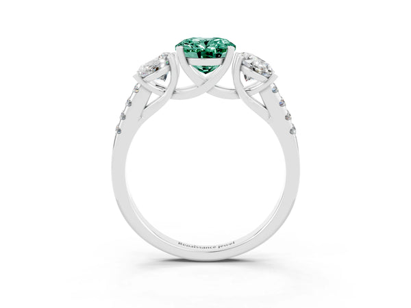 Platinum Three-Stone Oval Cut Green Sapphire Ring with Round  Pavé Band and Prong Setting