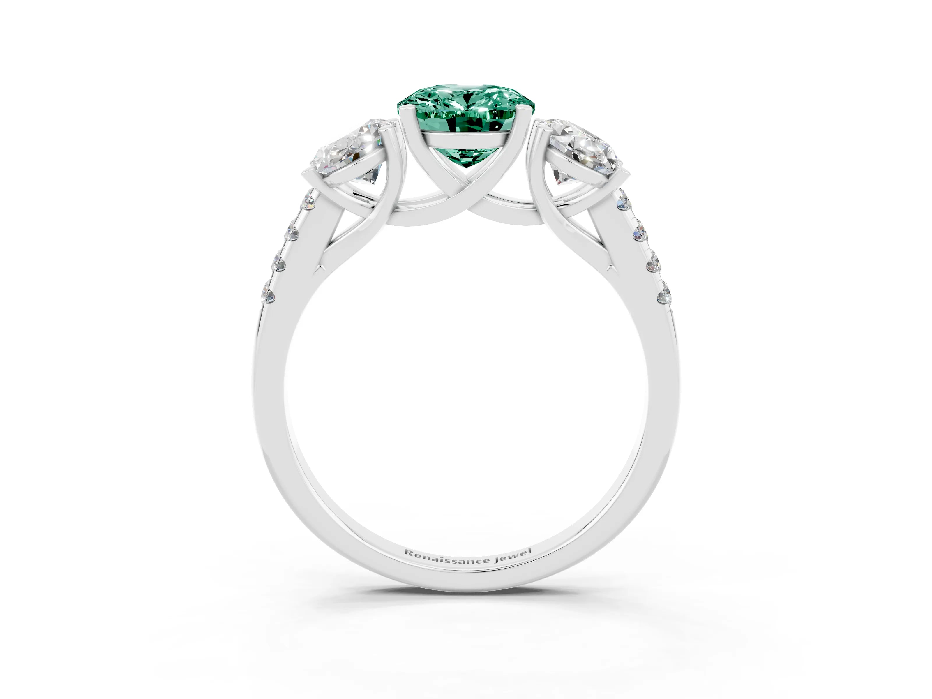 White gold Three-Stone Oval Cut Green Sapphire Ring with Pavé Band and Prong Setting_15