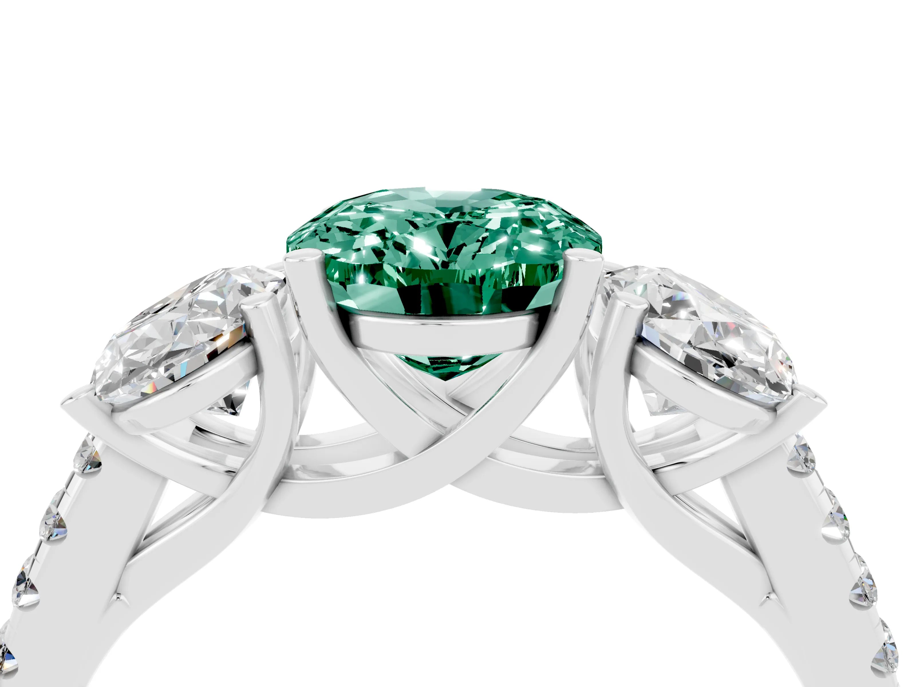 White gold Three-Stone Oval Cut Green Sapphire Ring with Pavé Band and Prong Setting_16