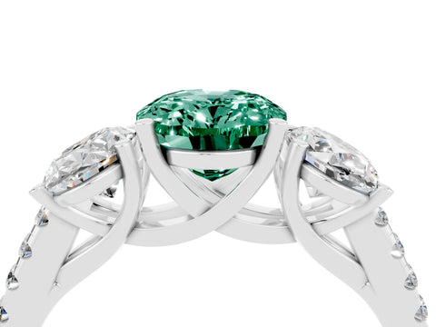 White gold Three-Stone Oval Cut Green Sapphire Ring with Pavé Band and Prong Setting_16