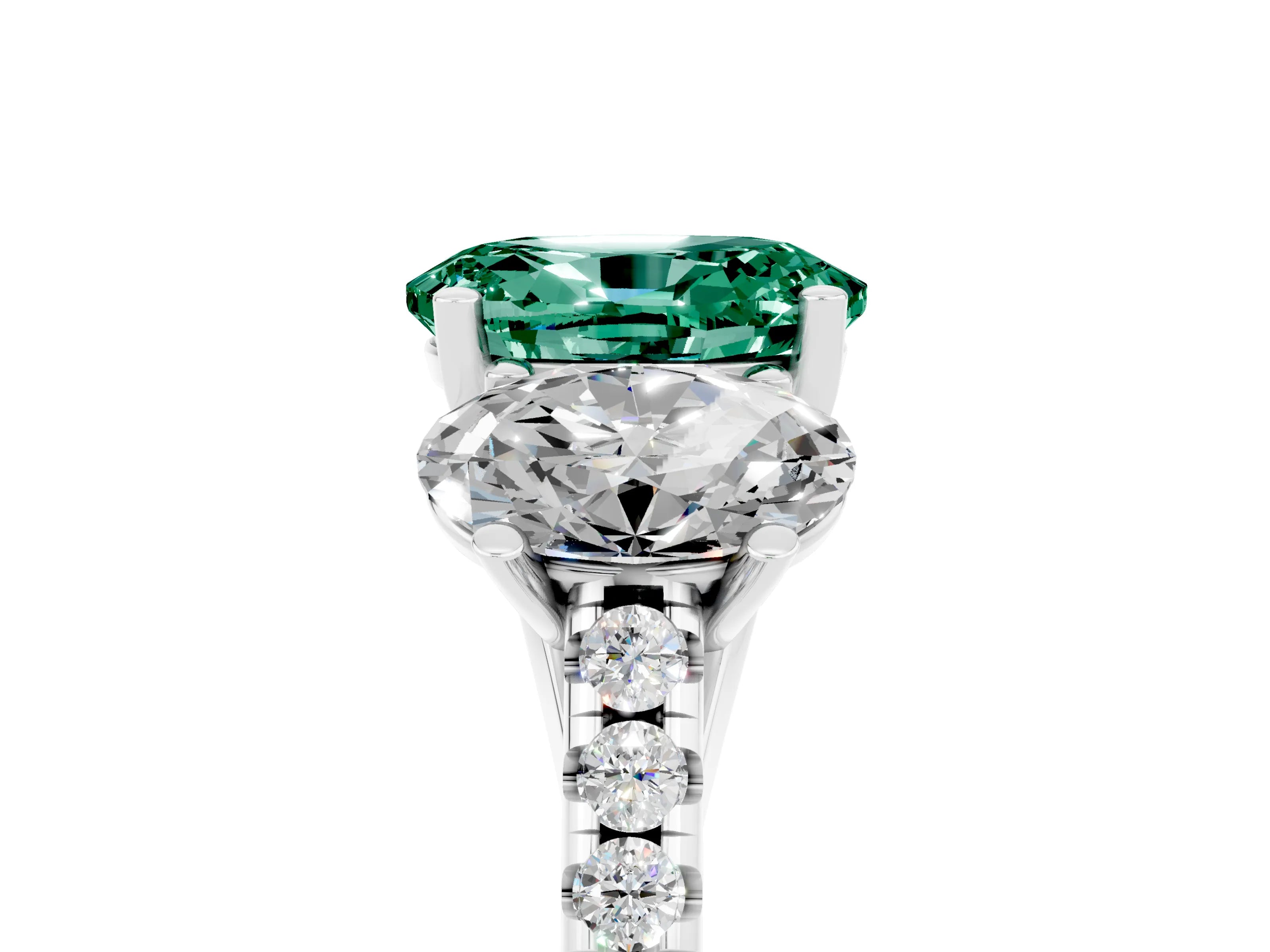 White gold Three-Stone Oval Cut Green Sapphire Ring with Pavé Band and Prong Setting_17