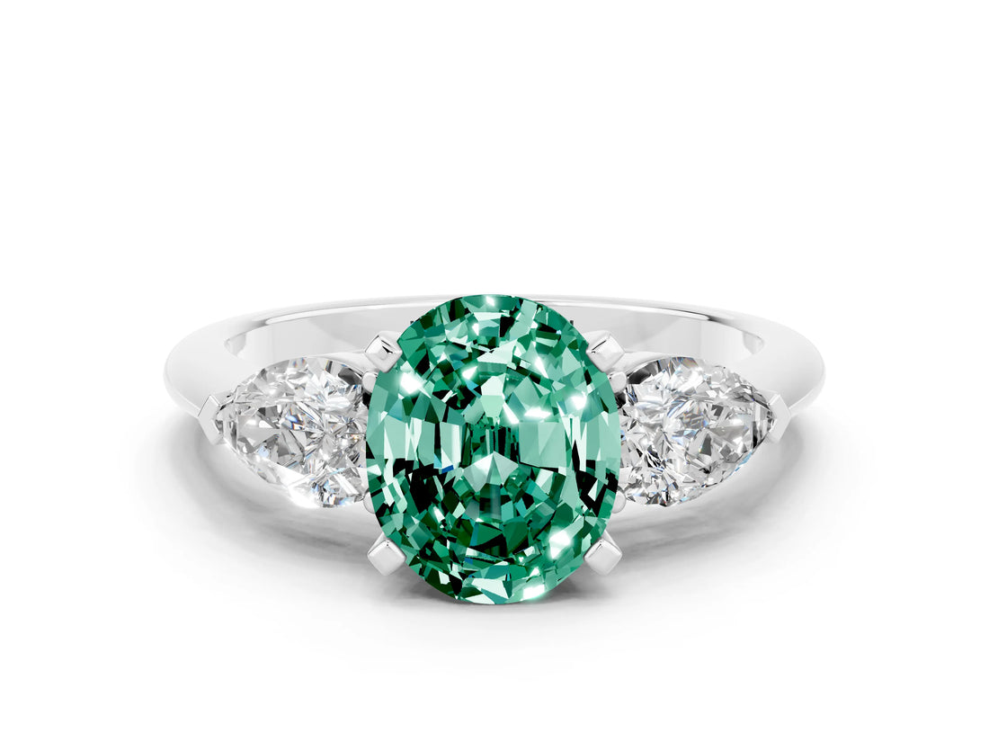 White gold Three-Stone Oval Cut Green Sapphire Ring with Pear Side Stones and Four-Prong Setting