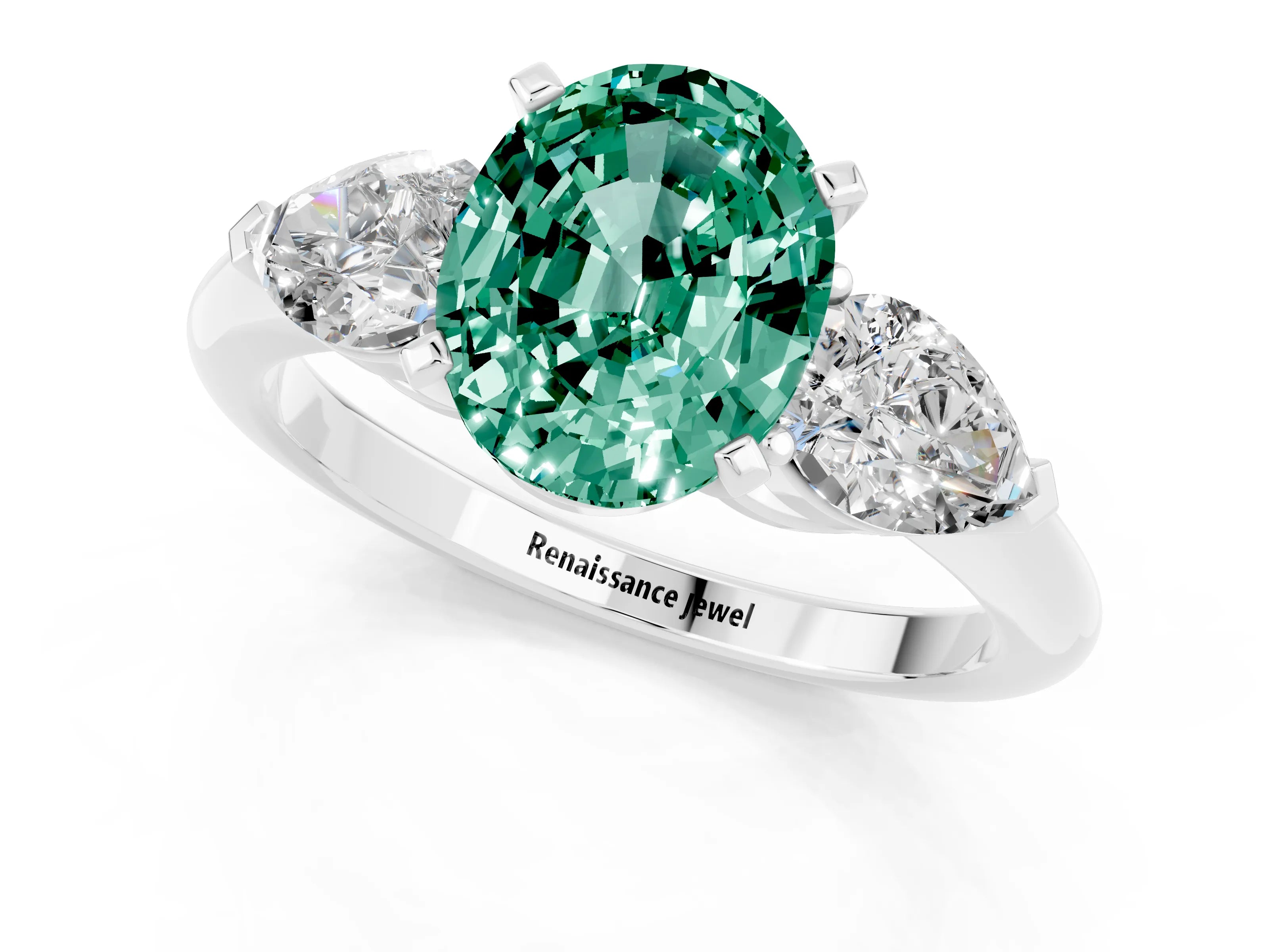 White gold Three-Stone Oval Cut Green Sapphire Ring with Pear Side Stones and Four-Prong Setting_1