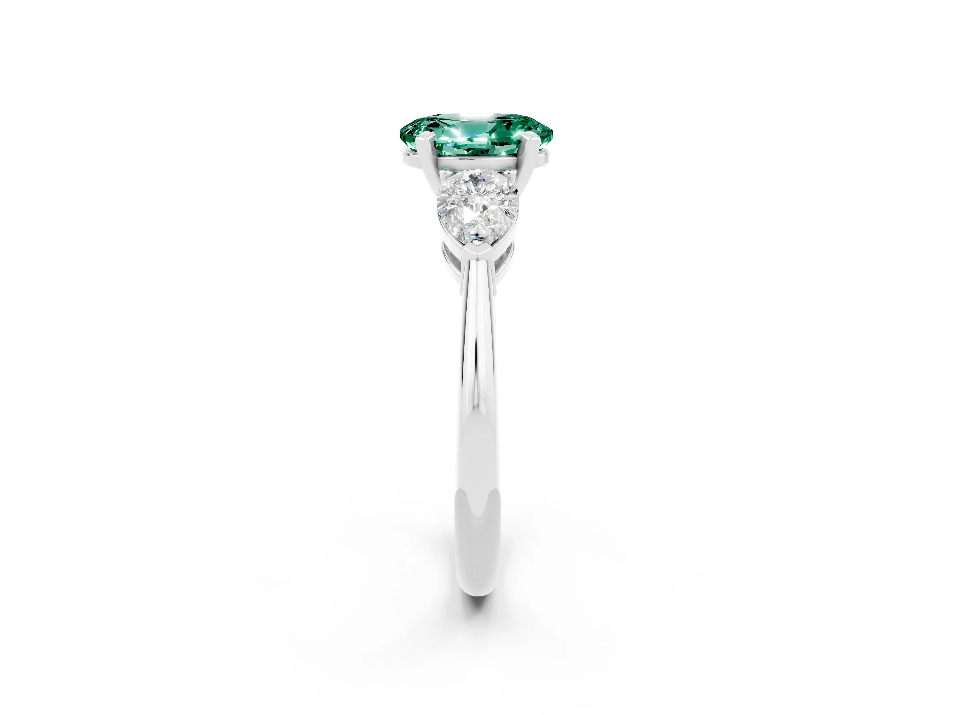 White gold Three-Stone Oval Cut Green Sapphire Ring with Pear Side Stones and Four-Prong Setting_2
