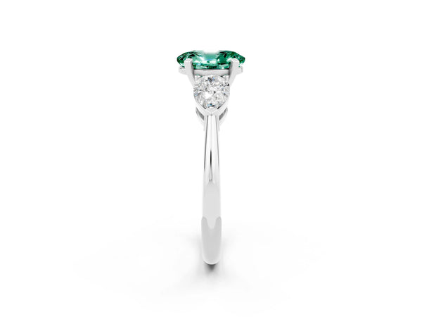 Platinum Three-Stone Oval Cut Green Sapphire Ring with Pear Side Stones and Four-Prong Setting