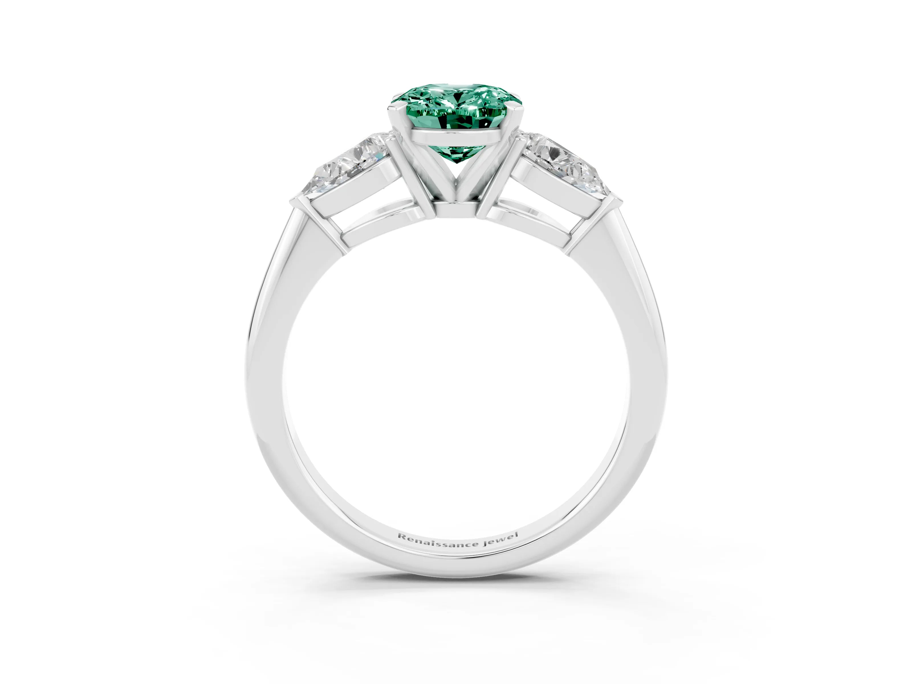 White gold Three-Stone Oval Cut Green Sapphire Ring with Pear Side Stones and Four-Prong Setting_3