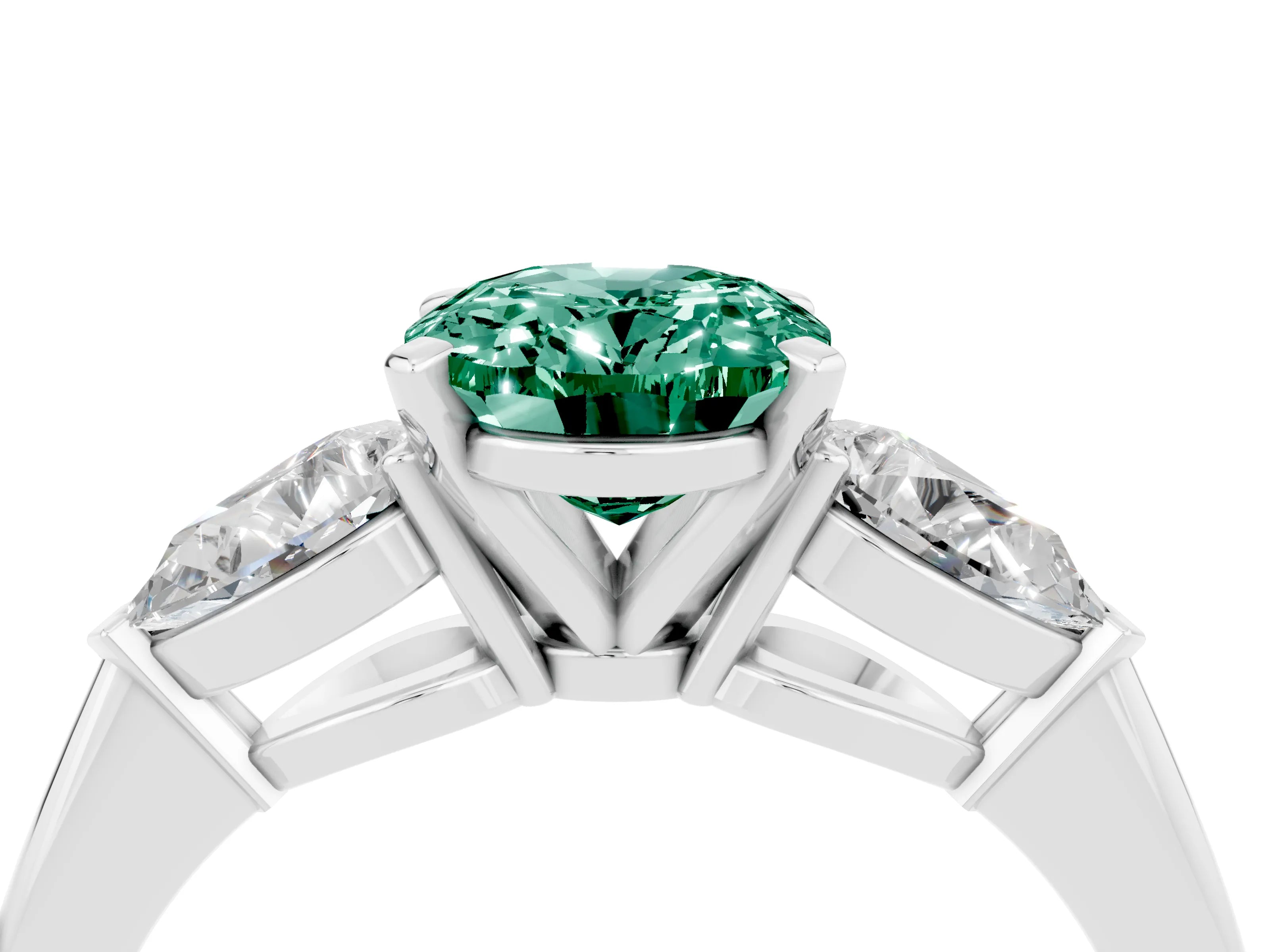 White gold Three-Stone Oval Cut Green Sapphire Ring with Pear Side Stones and Four-Prong Setting_4