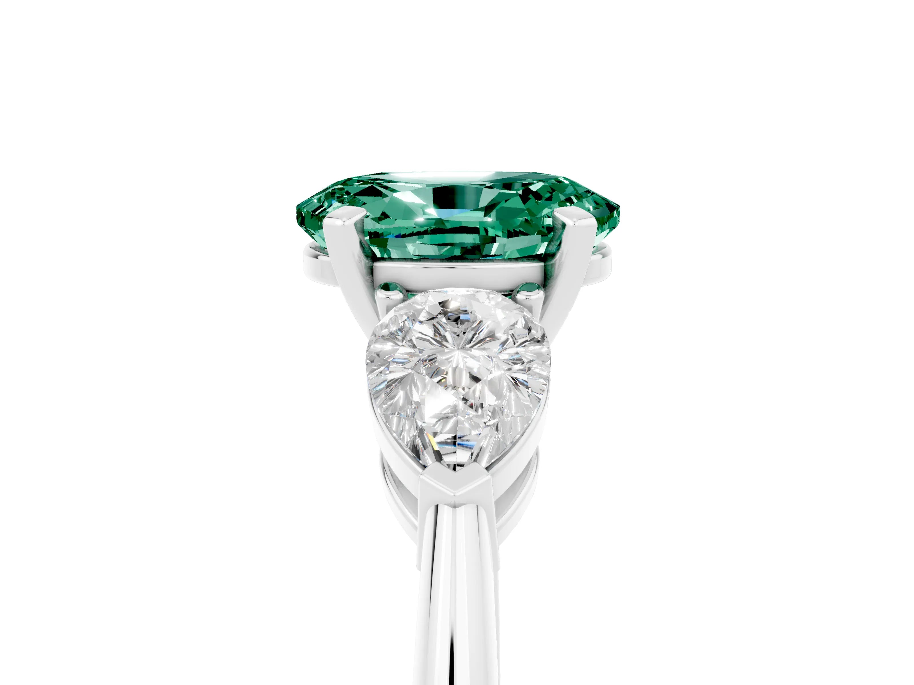 White gold Three-Stone Oval Cut Green Sapphire Ring with Pear Side Stones and Four-Prong Setting_5