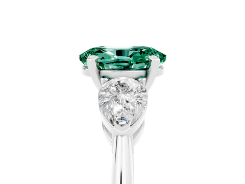 White gold Three-Stone Oval Cut Green Sapphire Ring with Pear Side Stones and Four-Prong Setting_5
