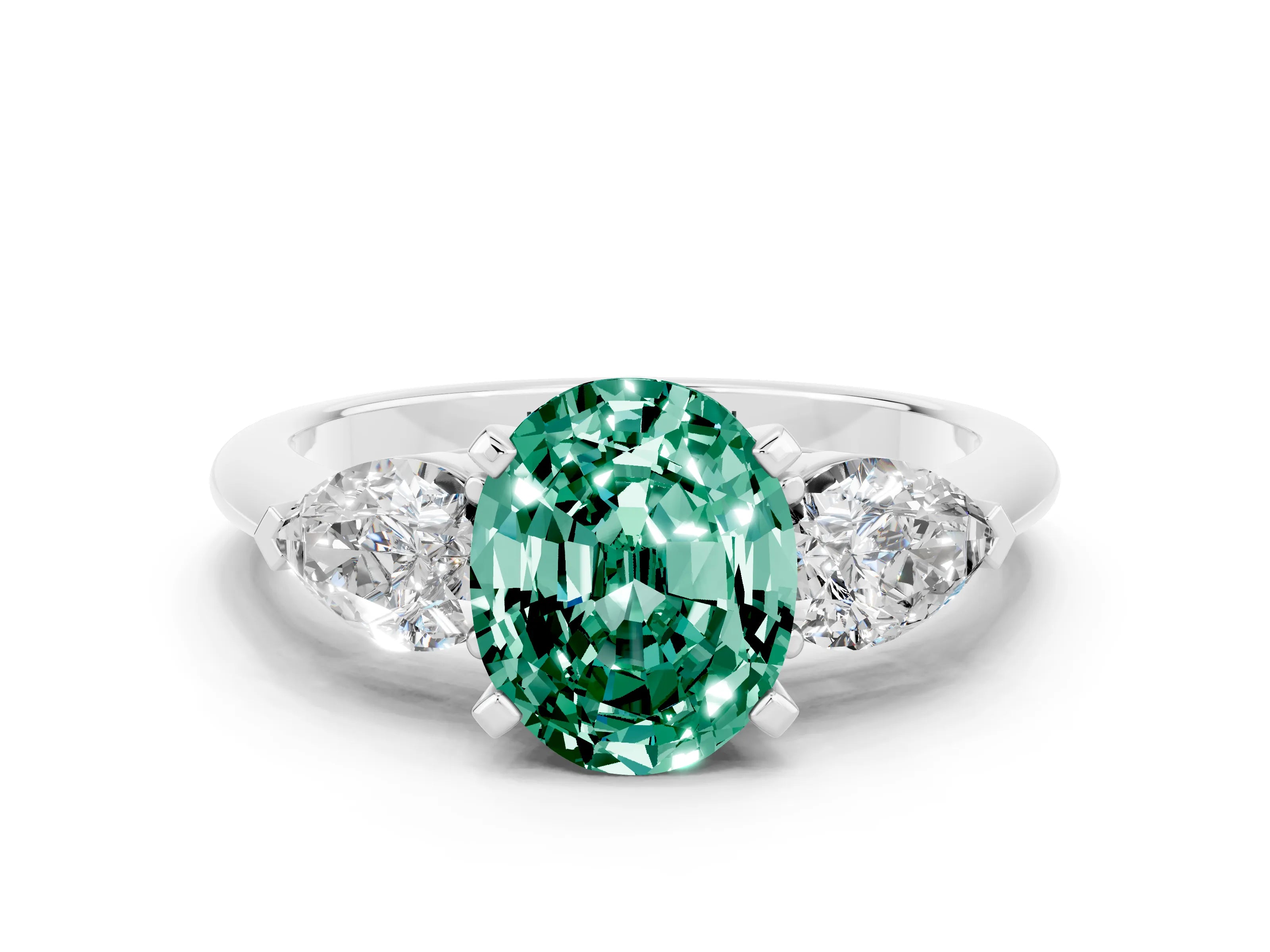 White gold Three-Stone Oval Cut Green Sapphire Ring with Pear Side Stones and Four-Prong Setting