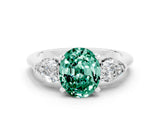 White gold Three-Stone Oval Cut Green Sapphire Ring with Pear Side Stones and Four-Prong Setting