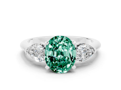 White gold Three-Stone Oval Cut Green Sapphire Ring with Pear Side Stones and Four-Prong Setting