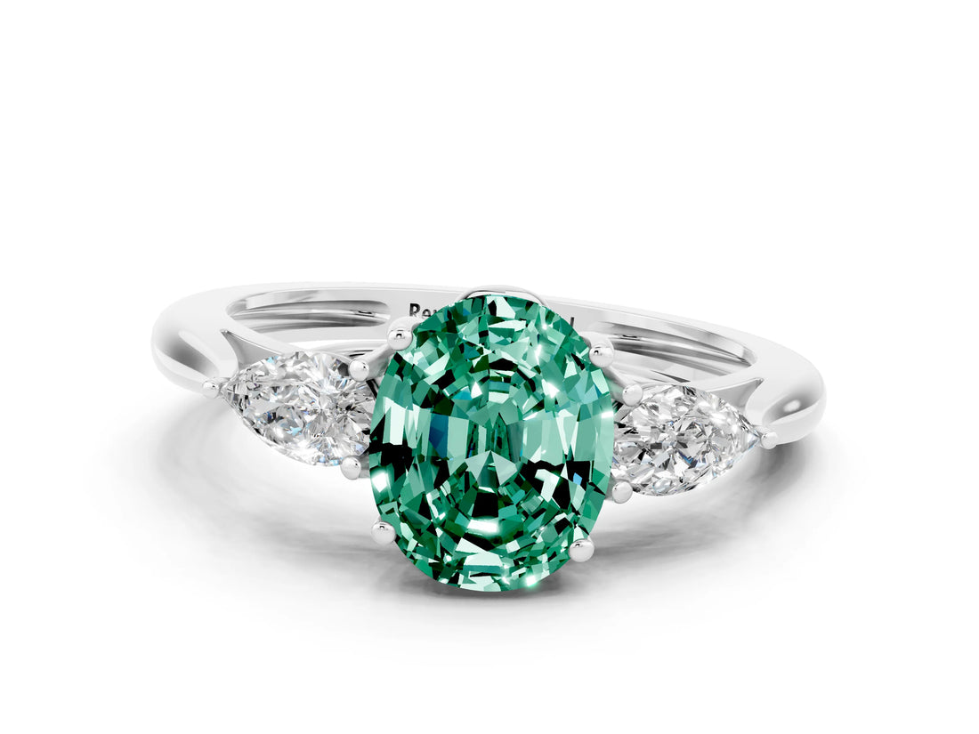 White gold Three-Stone Oval Cut Green Sapphire Ring with Pear  Side Stones in Four-Prong Setting_12