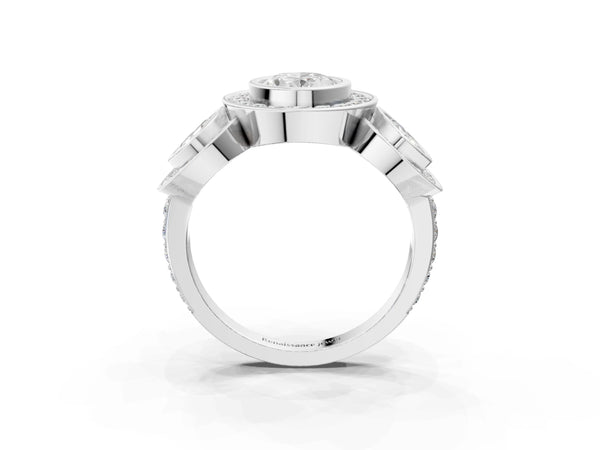 White Gold Oval Bezel Three Stone Halo Engagement Ring Setting with Pave Shoulders