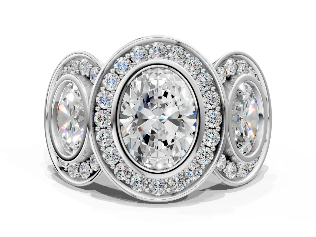 White gold Three-Stone Oval Cut Halo Pavé Diamond Ring_7