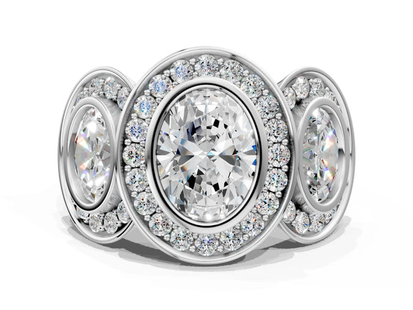 White Gold Oval Bezel Three Stone Halo Engagement Ring Setting with Pave Shoulders