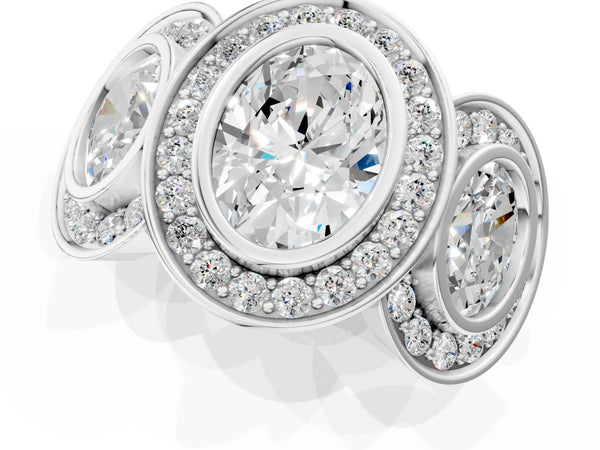 White Gold Oval Bezel Three Stone Halo Engagement Ring Setting with Pave Shoulders