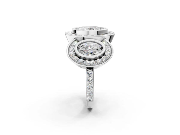 White Gold Oval Bezel Three Stone Halo Engagement Ring Setting with Pave Shoulders