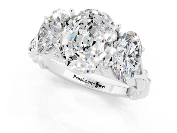 White gold Three-Stone Oval Cut Moissanite Braided Band Ring with Four-Prong Setting