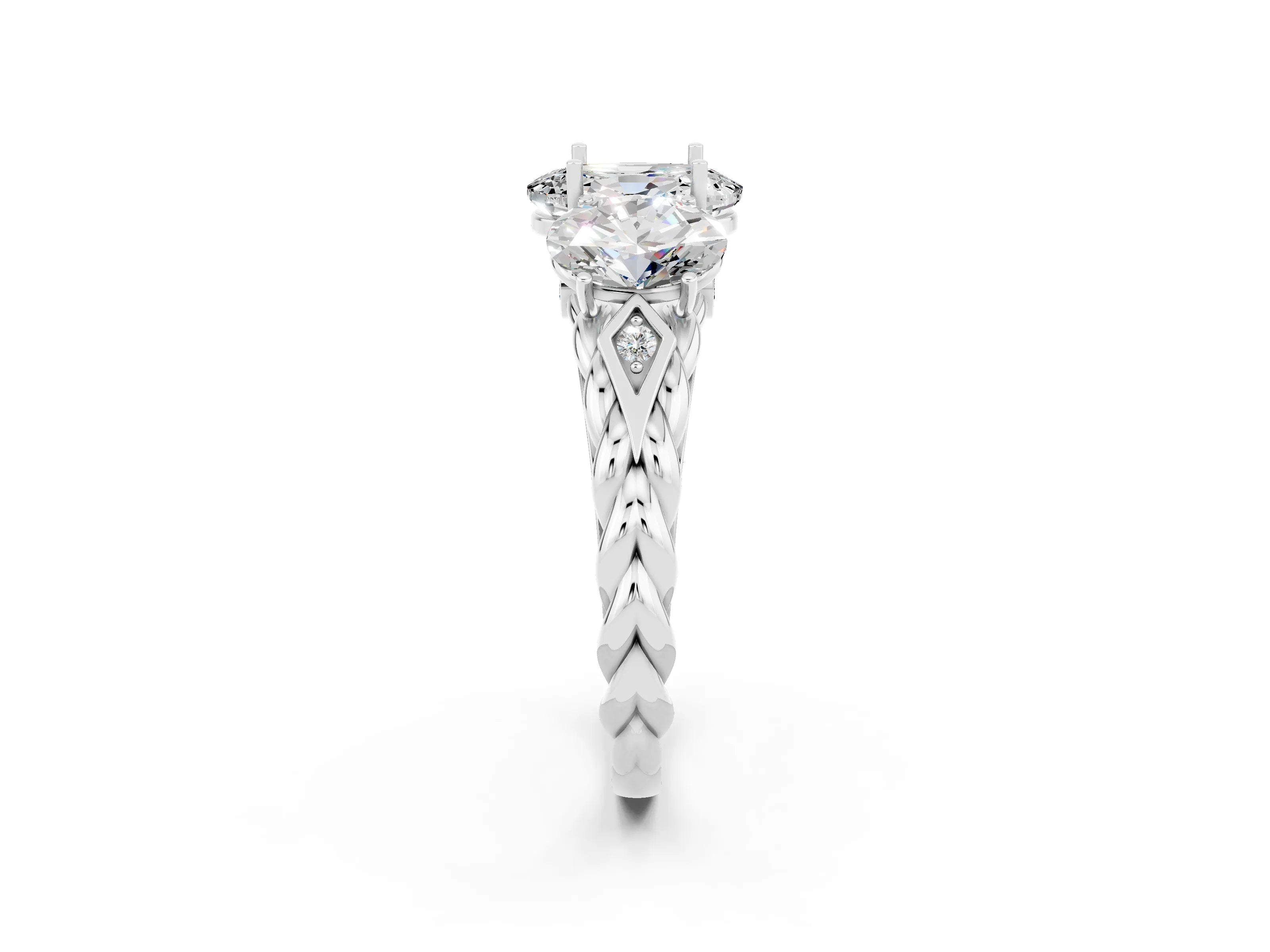 White gold Three-Stone Oval Cut Moissanite Braided Band Ring with Four-Prong Setting_34
