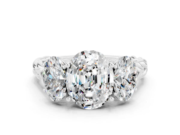 Platinum Three-Stone Oval Cut Moissanite Braided Band Ring with Four-Prong Setting