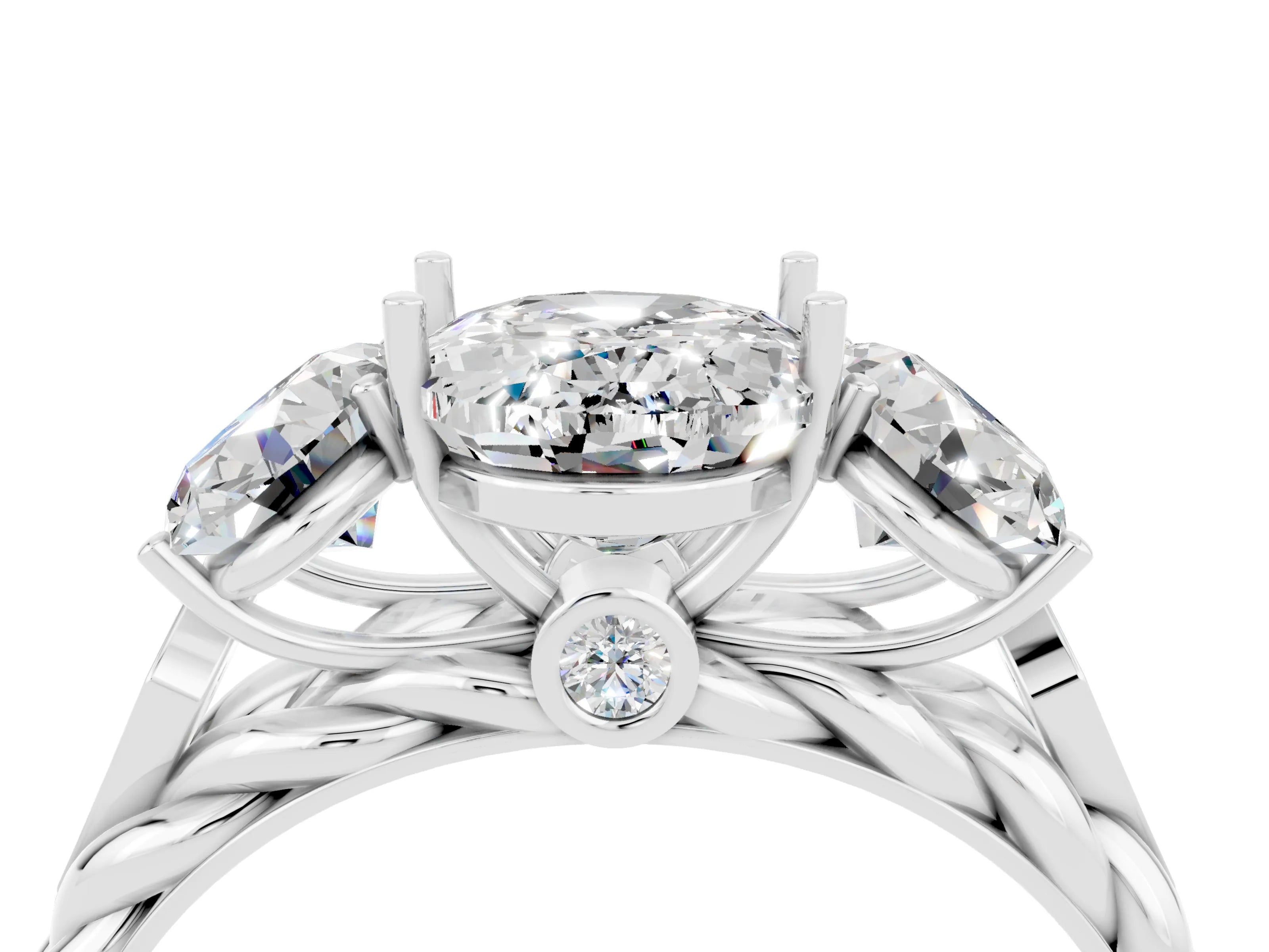 White gold Three-Stone Oval Cut Moissanite Braided Band Ring with Four-Prong Setting_36