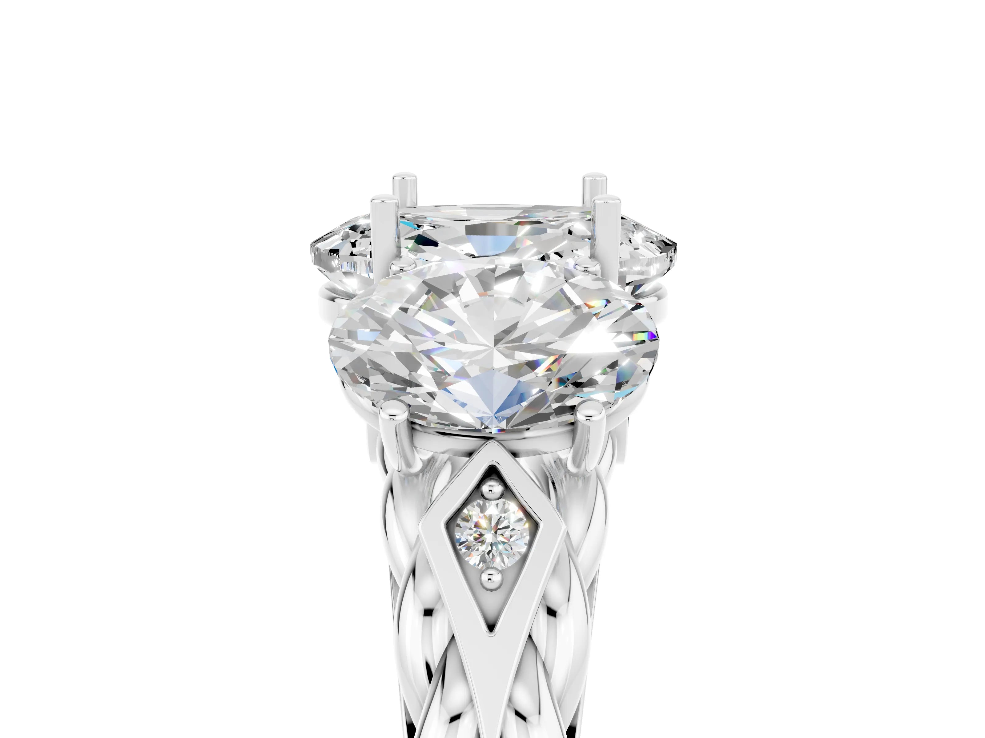 White gold Three-Stone Oval Cut Moissanite Braided Band Ring with Four-Prong Setting_37