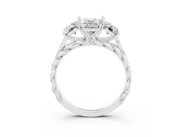 Silver Three-Stone Oval Cut Moissanite Braided Band Ring with Four-Prong Setting
