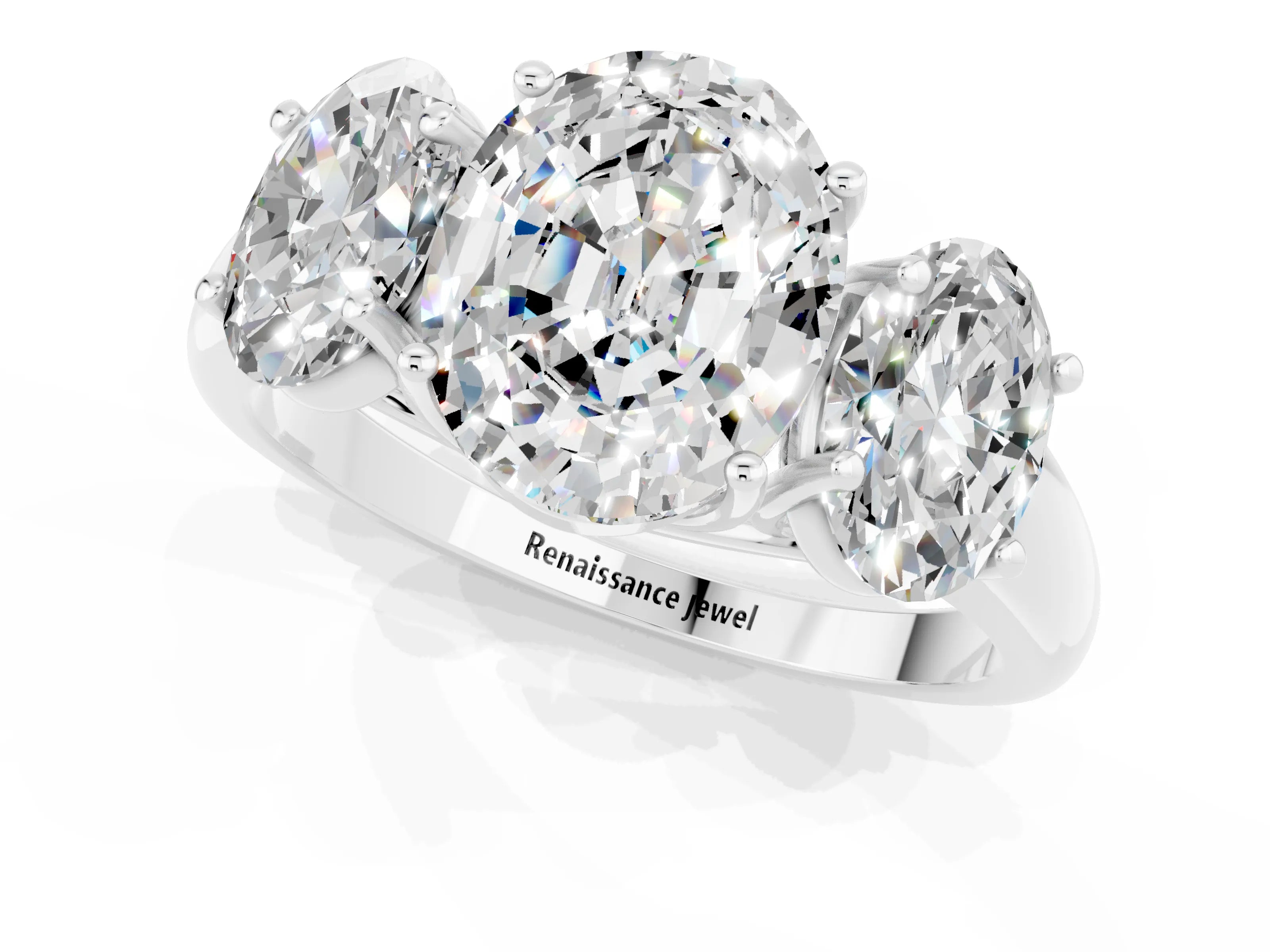 White gold Three-Stone Oval Cut Moissanite Engagement Ring with Prong Setting_1