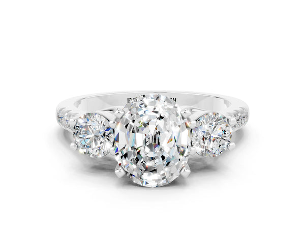 Platinum Three-Stone Oval Cut Moissanite Pavé Band with Four-Prong Setting