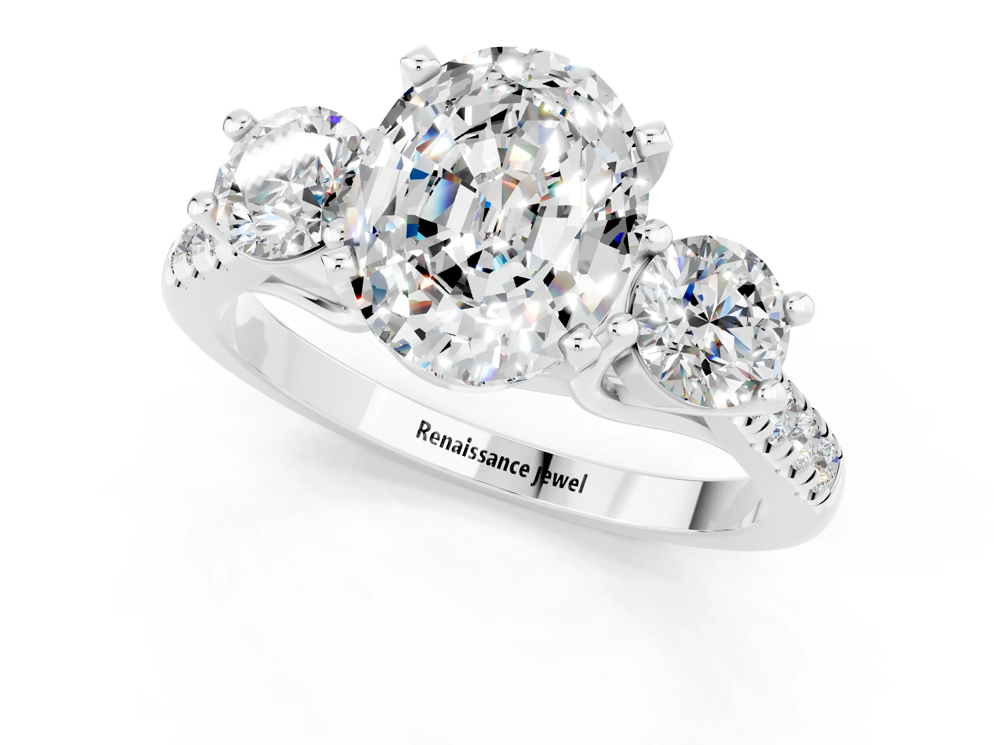 White gold Three-Stone Oval Cut Moissanite Pavé Band with Four-Prong Setting_1