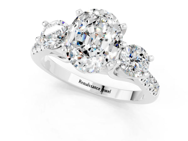 White gold Three-Stone Oval Cut Moissanite Pavé Band with Four-Prong Setting