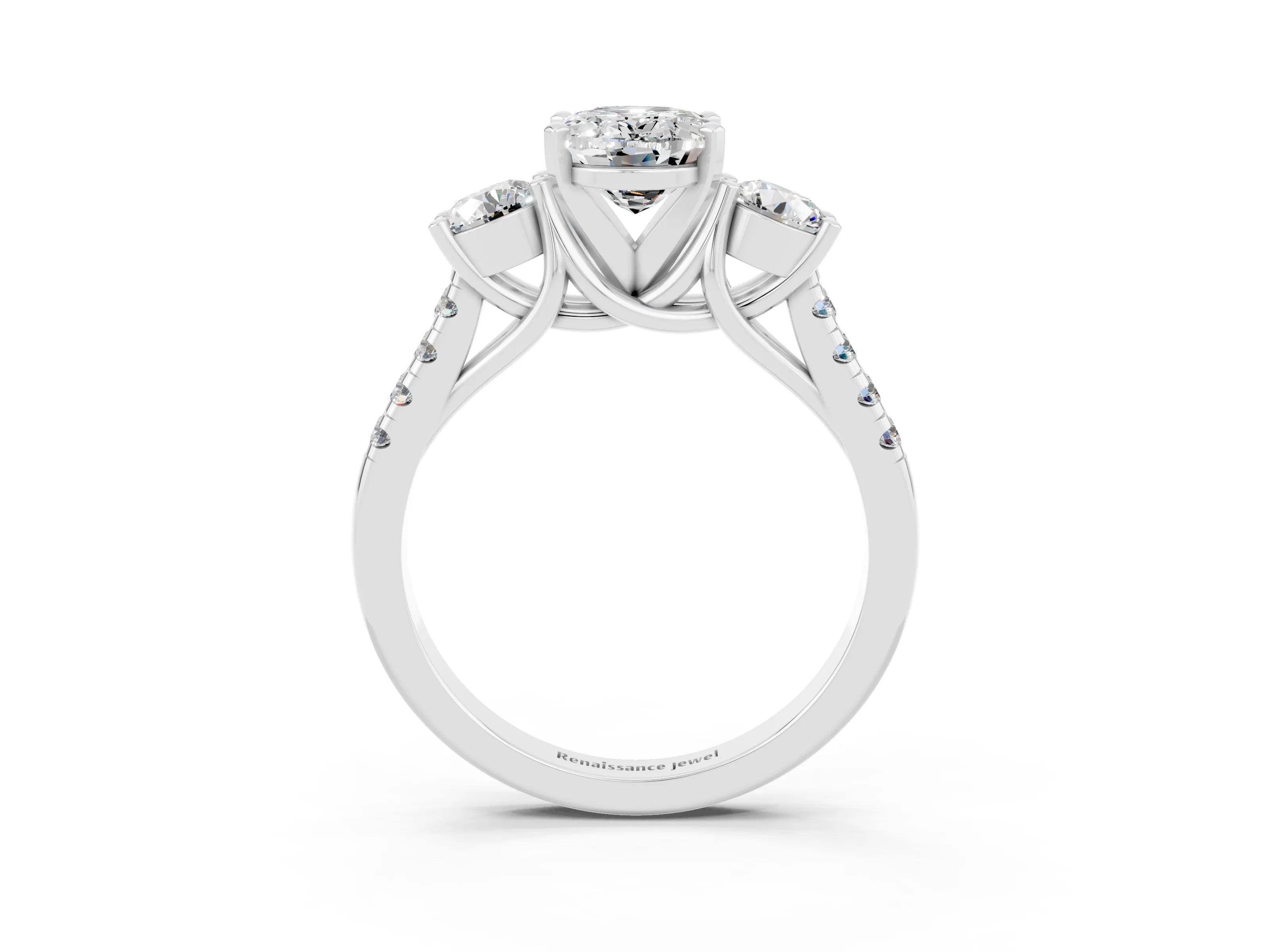 White gold Three-Stone Oval Cut Moissanite Pavé Band with Four-Prong Setting_3