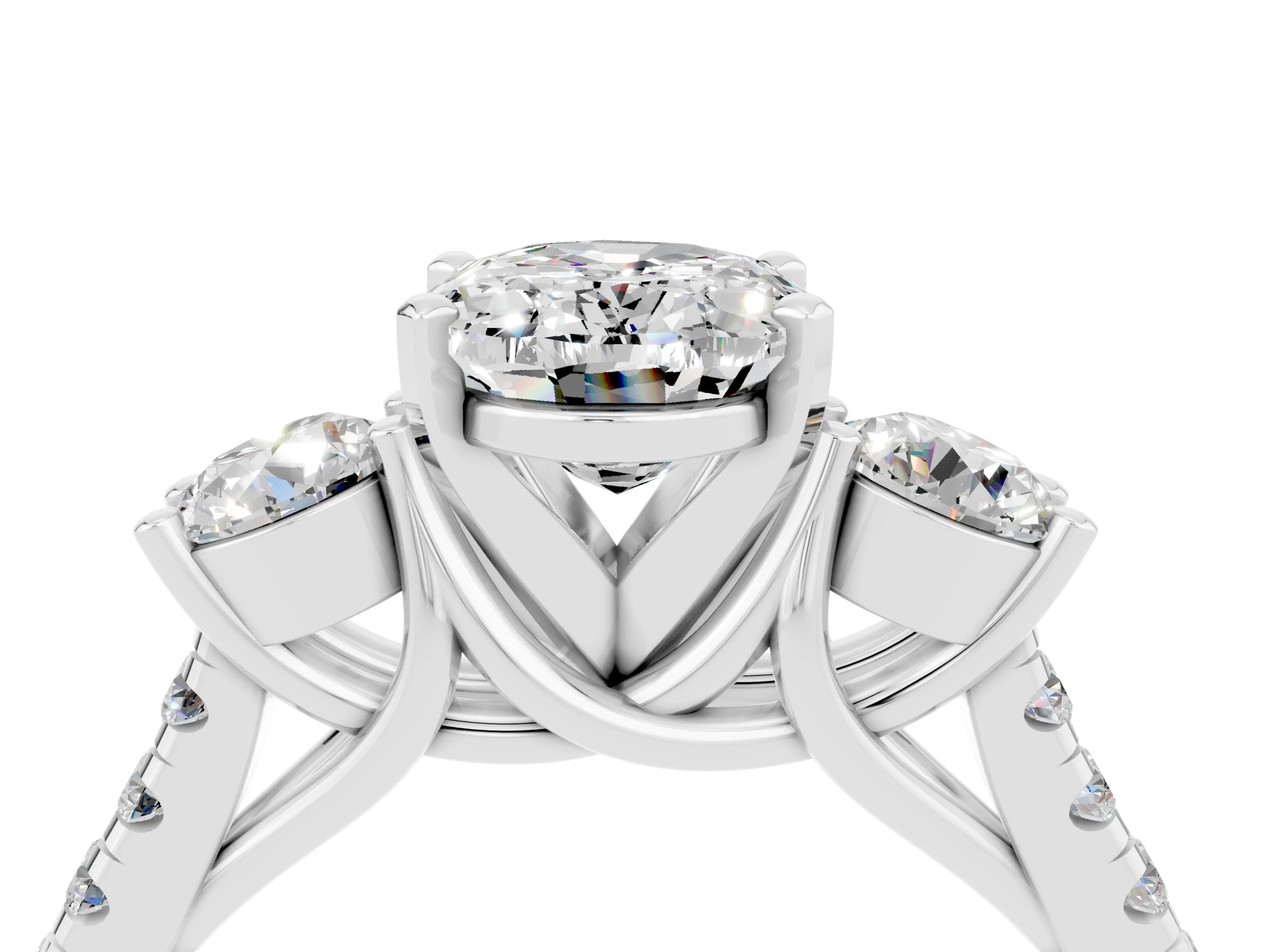White gold Three-Stone Oval Cut Moissanite Pavé Band with Four-Prong Setting_4