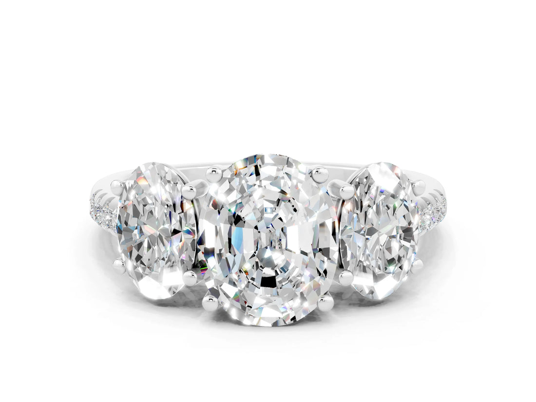 White gold Three-Stone Oval Cut Moissanite Ring with Pavé Band and Prong Setting_12