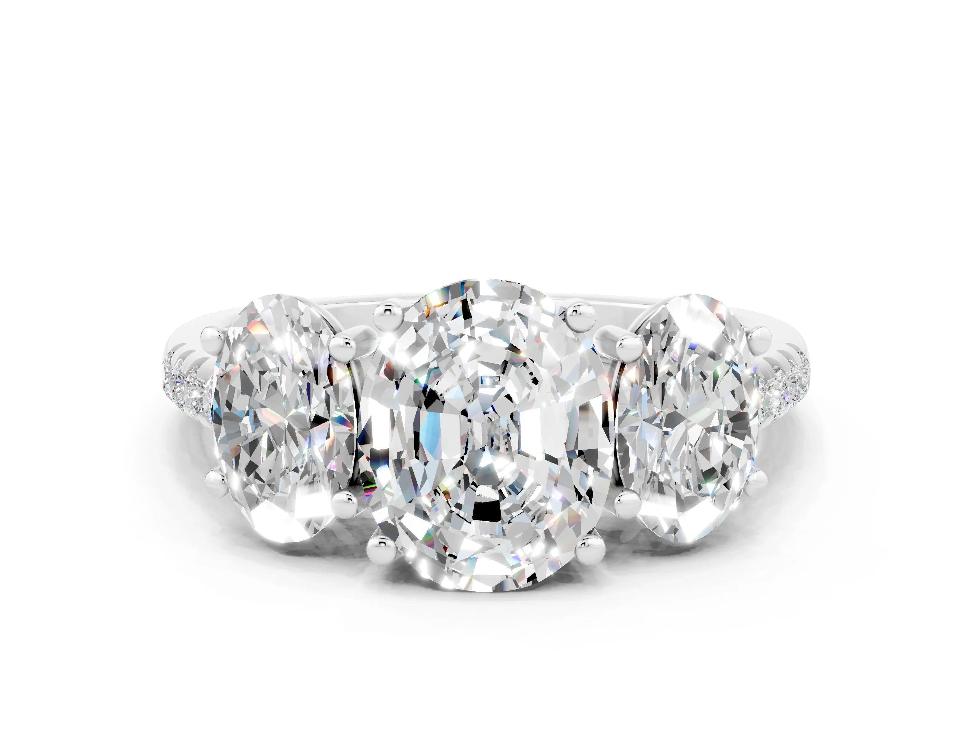 White gold Three-Stone Oval Cut Moissanite Ring with Pavé Band and Prong Setting_12