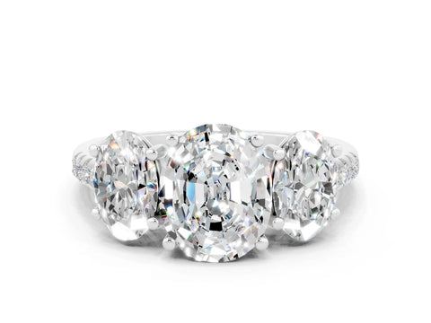 White gold Three-Stone Oval Cut Moissanite Ring with Pavé Band and Prong Setting_12