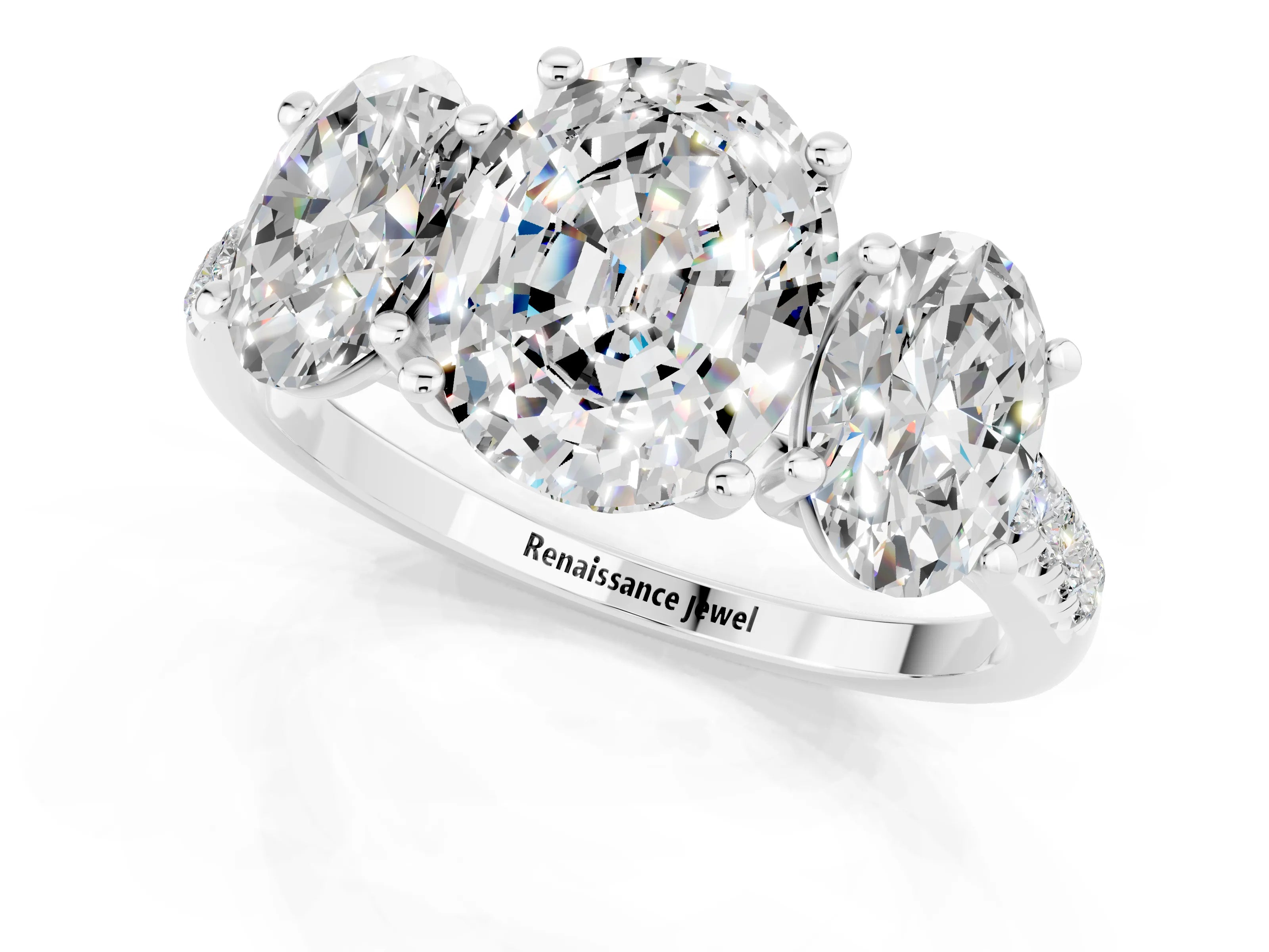 White gold Three-Stone Oval Cut Moissanite Ring with Pavé Band and Prong Setting_13