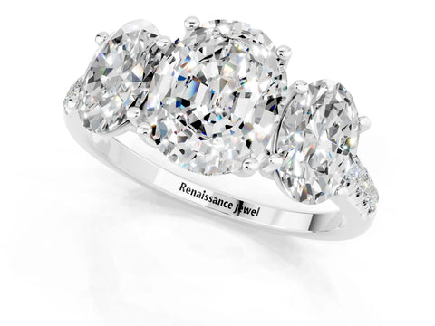 White gold Three-Stone Oval Cut Moissanite Ring with Pavé Band and Prong Setting_13