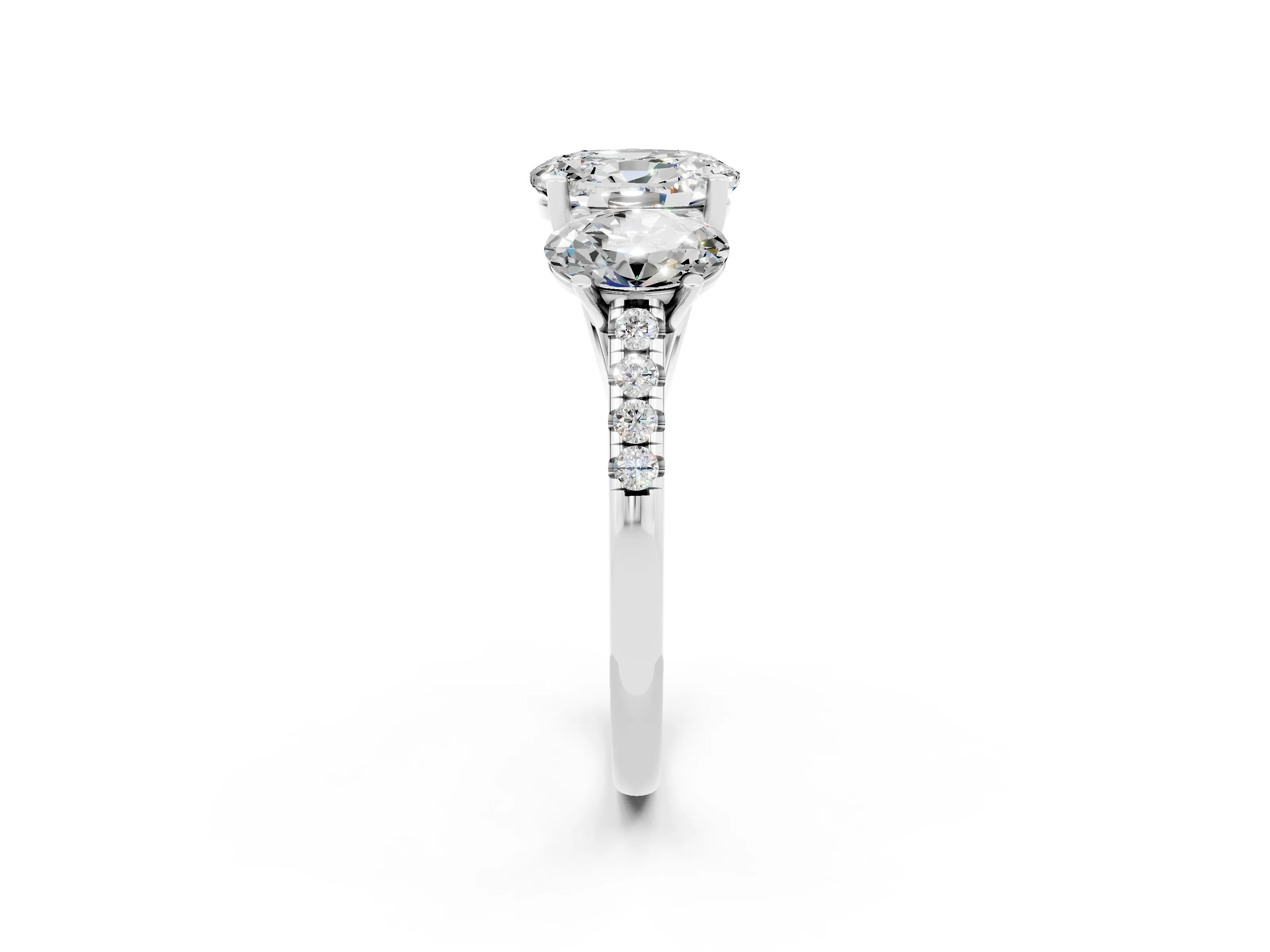 White gold Three-Stone Oval Cut Moissanite Ring with Pavé Band and Prong Setting_14