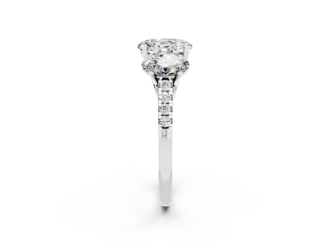 White gold Three-Stone Oval Cut Moissanite Ring with Pavé Band and Prong Setting_14