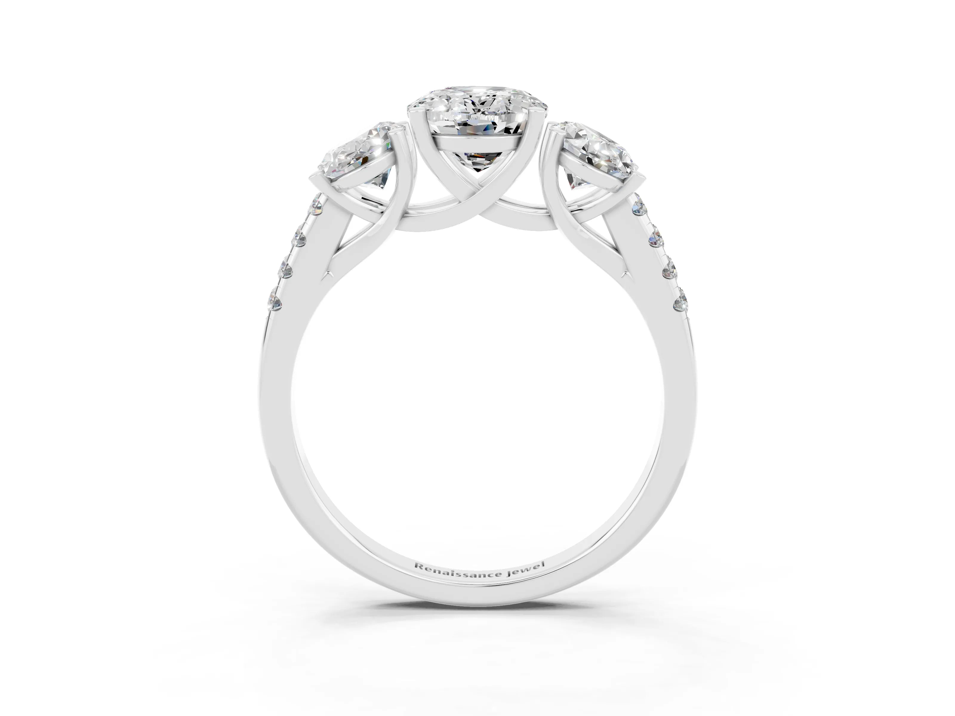 White gold Three-Stone Oval Cut Moissanite Ring with Pavé Band and Prong Setting_15