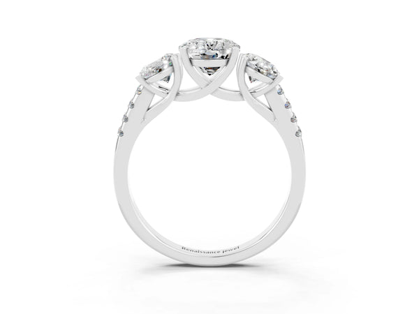 Silver Three-Stone Oval Cut Moissanite Ring with Round  Pavé Band and Prong Setting