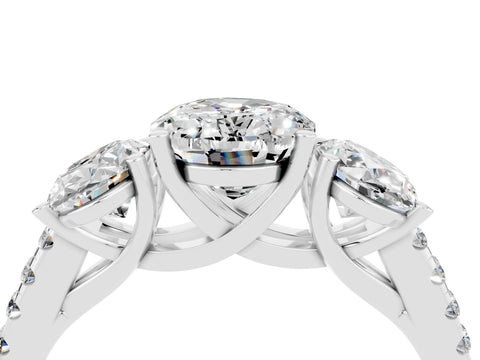 White gold Three-Stone Oval Cut Moissanite Ring with Pavé Band and Prong Setting_16