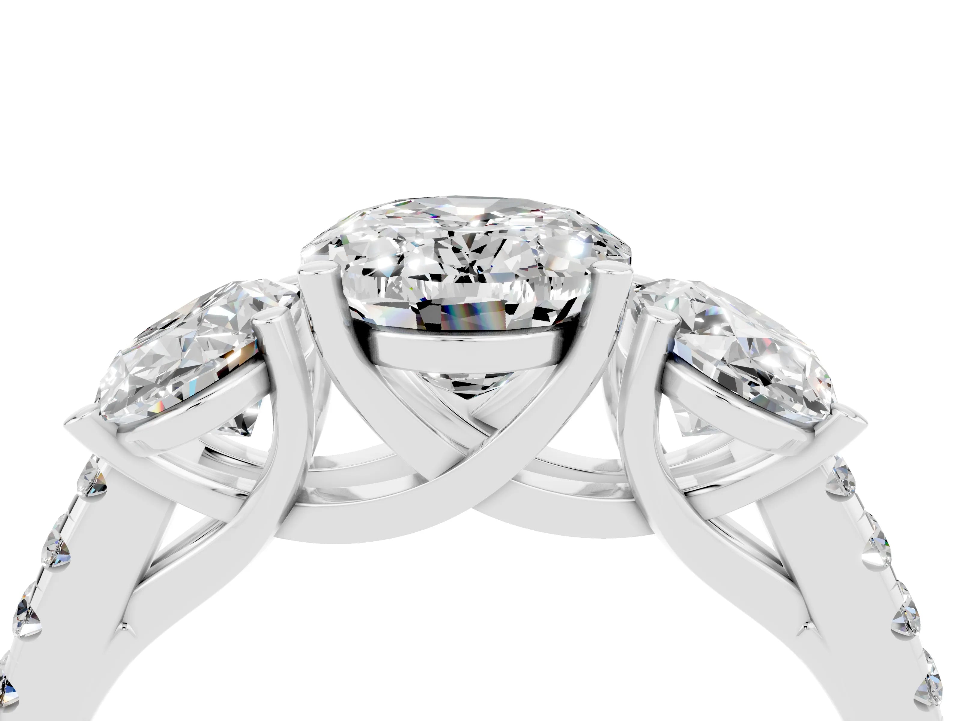 White gold Three-Stone Oval Cut Moissanite Ring with Pavé Band and Prong Setting_16