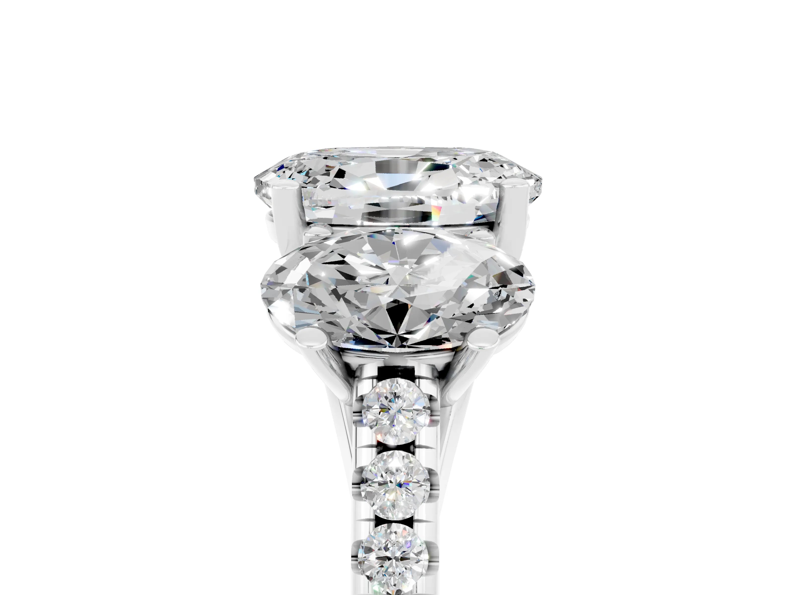 White gold Three-Stone Oval Cut Moissanite Ring with Pavé Band and Prong Setting_17